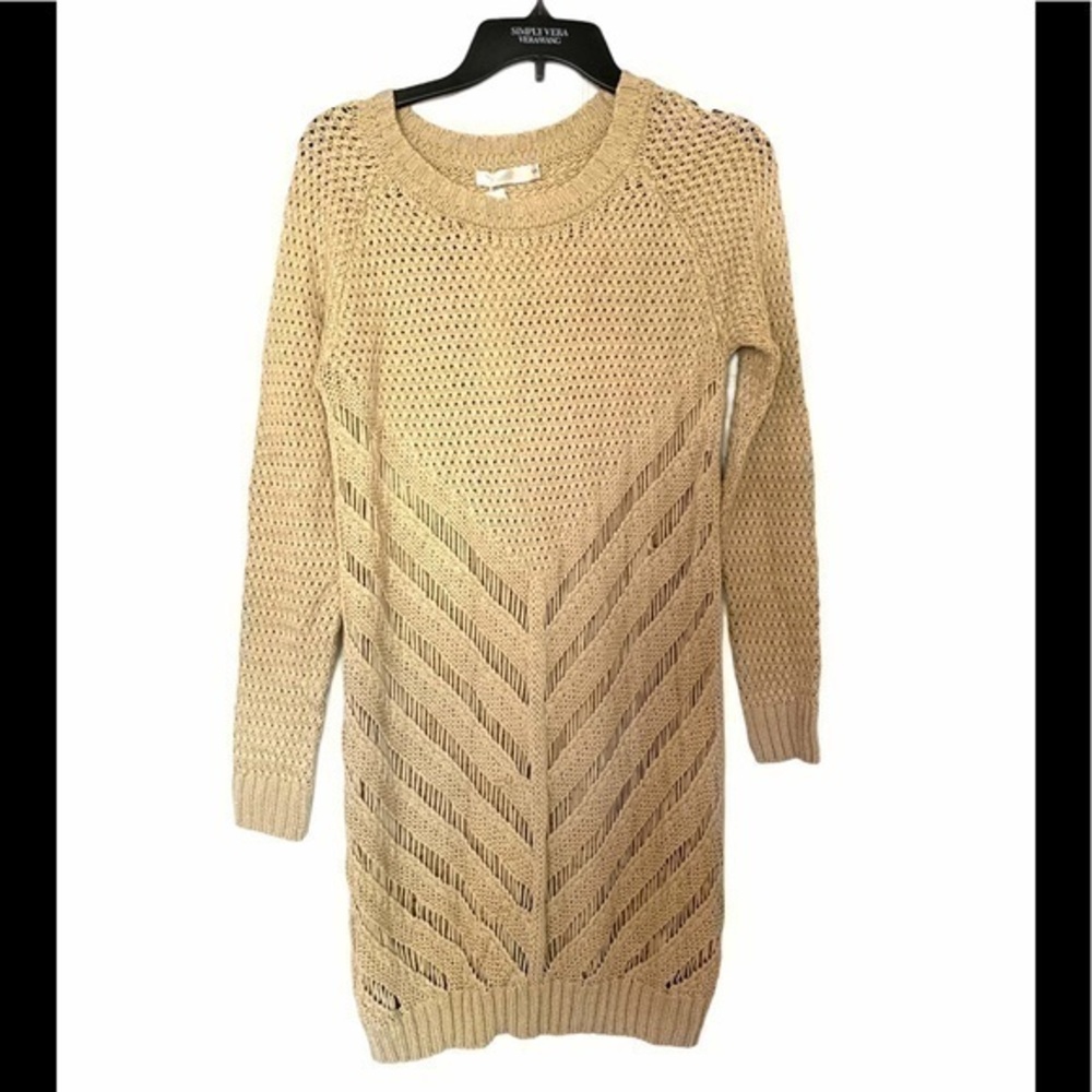 Millau by LF Boho Cottage Core Open Knit Loose Knit Sweater Tunic Crew Neck Tan
